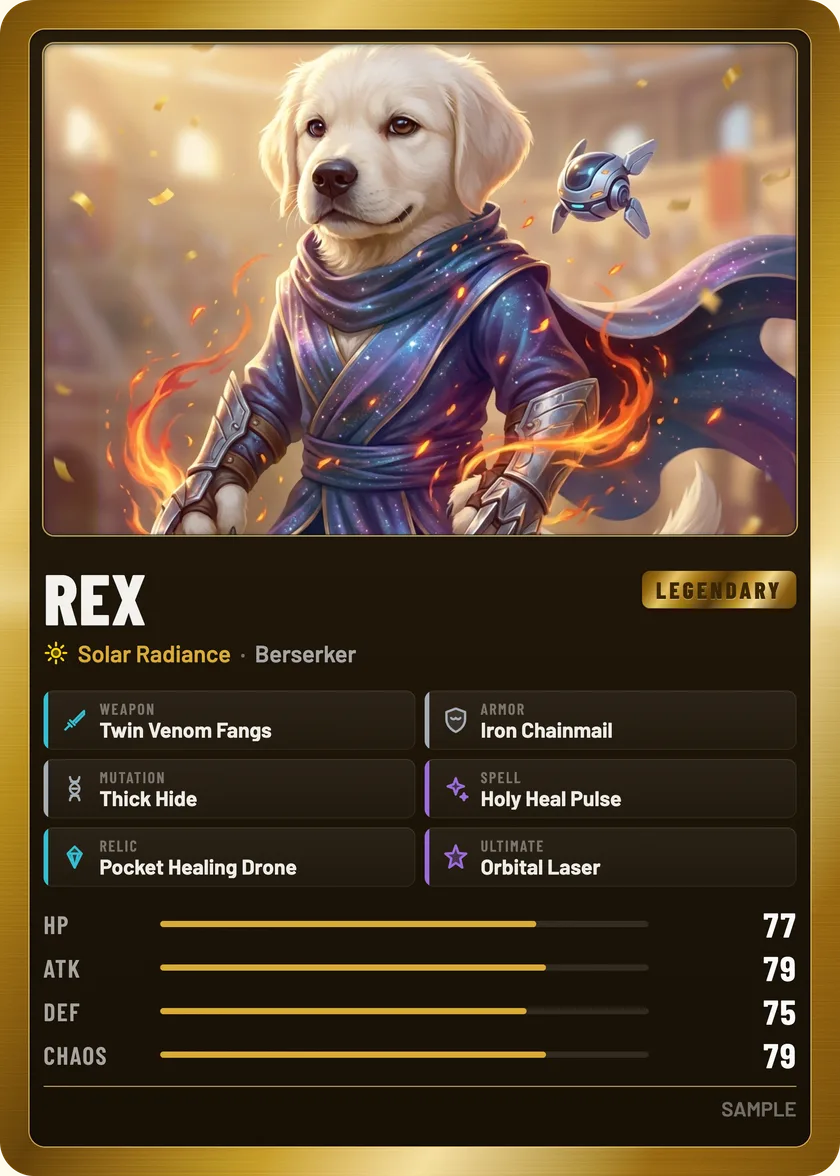 Sample Legendary card: Rex, a golden retriever forged into a gladiator